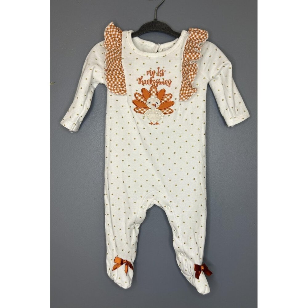Baby‎ Essentials Footed Thanksgiving Romper Girls 6M White Orange Turkey Outfit